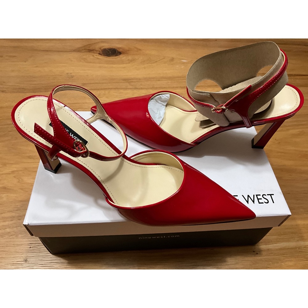 Nine West Red Patent Pointed Toe Ankle Strap Pumps WNDRES3 Size 9.5M